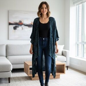 Kaliyana Sz S-M Blue Printed Bohemian Lagenlook Artsy duster Kimono